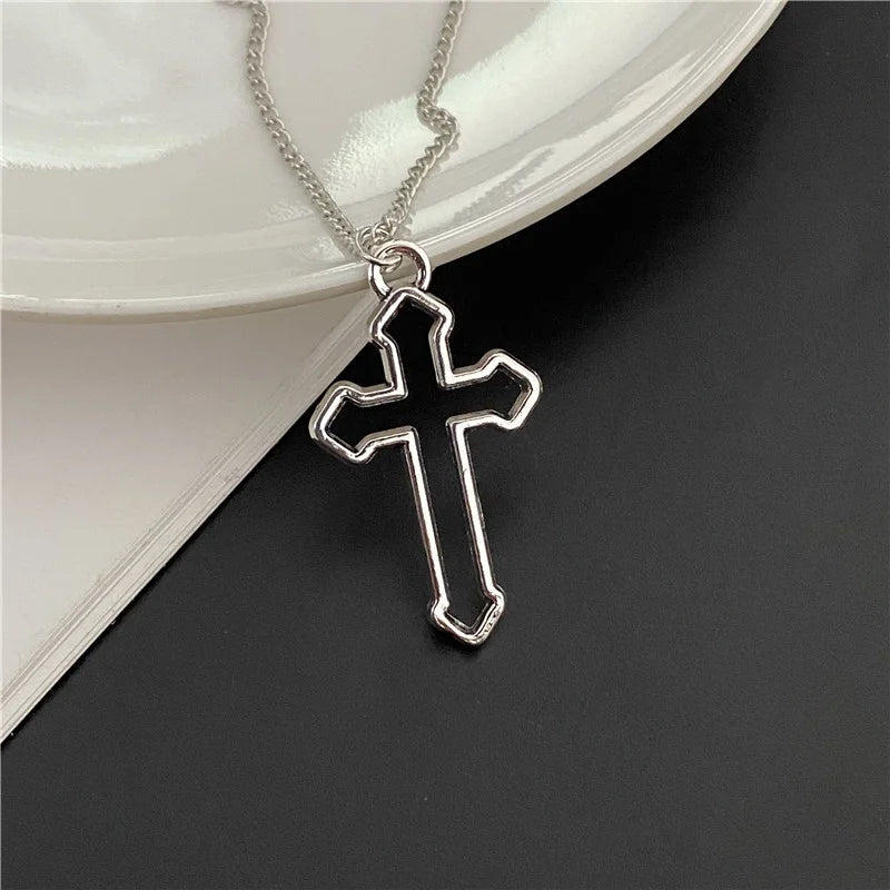 Punk Gothic Big Cross Pendant Necklace – Irregular Clavicle Chain Aesthetic Jewelry for Women & Men