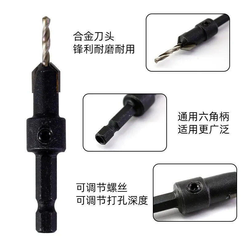 5PCS Woodworking Countersunk Head Drill Set with Hexagonal Handle - Chamfering Fried Dough Twist Drill
