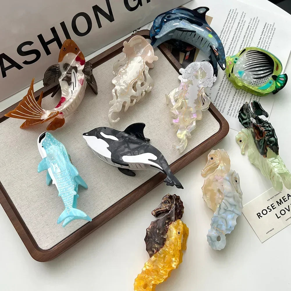 Ocean Beach Series Hair Claw | Hippocampus, Jellyfish & Dolphin Acetate Hair Clip for Women & Girls
