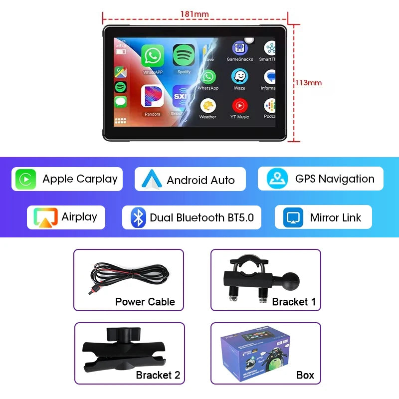 5/7 Inch Motorcycle CarPlay DVR Navigation GPS Monitor – Wireless Android Auto, Airplay, IPX7 Waterproof Portable Display