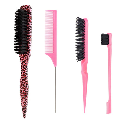 4Pc Boar Bristle Hair Brush Set - Slick Back Styling Tools for Ponytails, Buns, Baby Hair and Flyaway Control