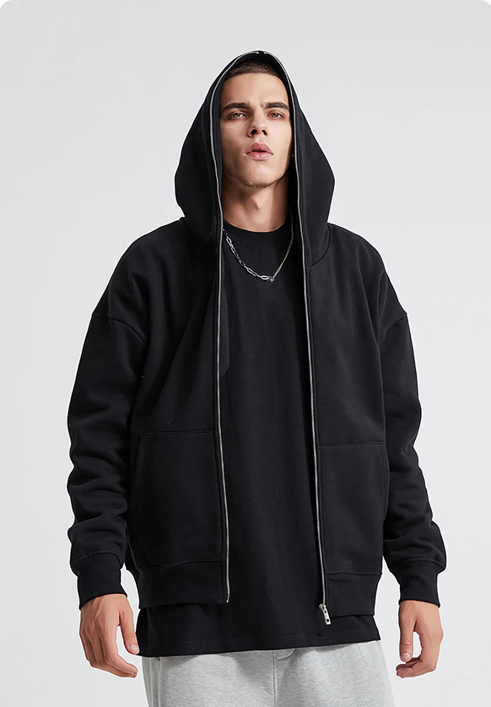 Men’s Harajuku Zip-Up Hoodie Jacket – Retro Black Oversized Long Sleeve Sweatshirt Coat