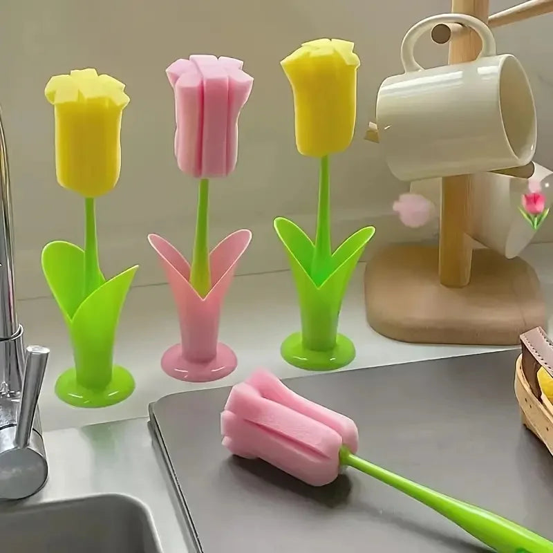 Tulip Cup Brush with Detachable Sponge Head – Long Handle Bottle & Glass Cleaning Brush Durable Kitchen Cleaning Tool