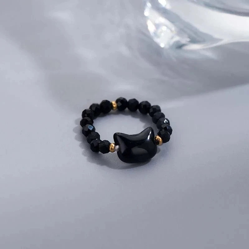 Natural Moonstone Obsidian Cat Rings - Minimalist Beaded Fidget Rings Black & White Couple Jewelry for Women & Men Party Accessories