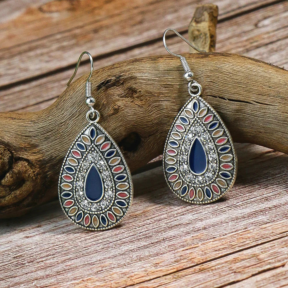 Blue Alloy Turquoise Bohemian Earrings - Retro Geometric Multi-Layer Statement Jewelry