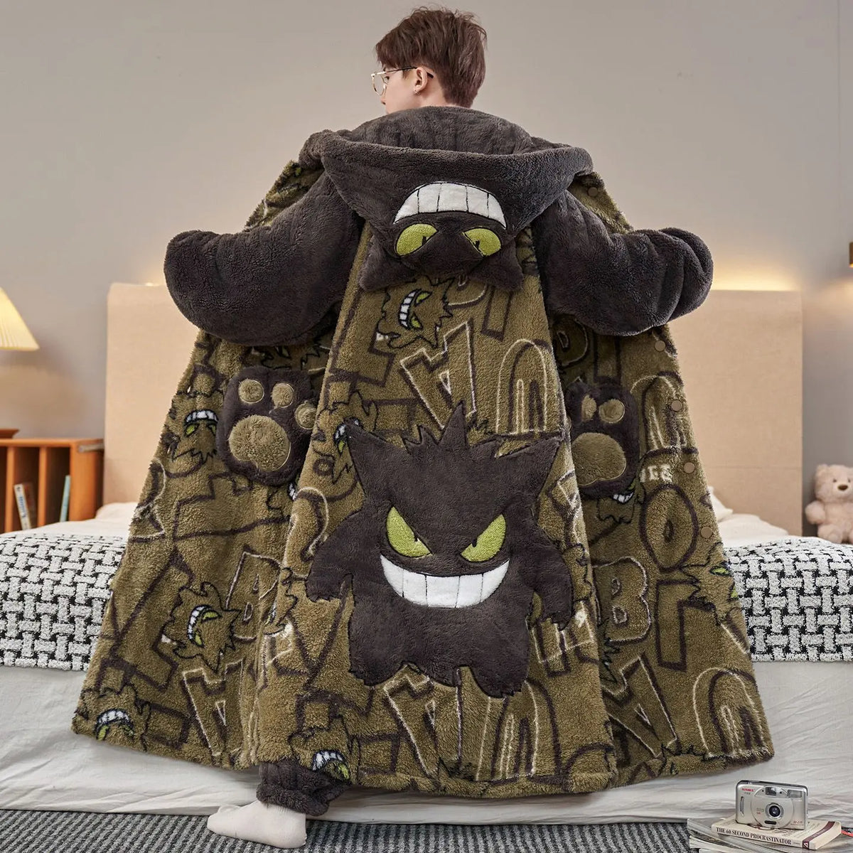 Gengar Anime Winter Hooded Robe - Thick Coral Velvet Sleepwear & Cozy Home Loungewear for Men, Large Sizes