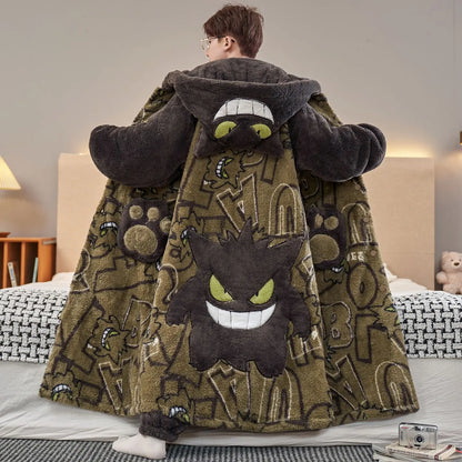 Gengar Anime Winter Hooded Robe - Thick Coral Velvet Sleepwear & Cozy Home Loungewear for Men, Large Sizes