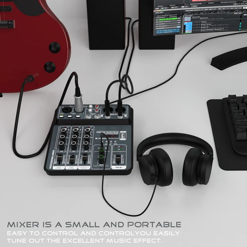 4-Channel Audio Mixer - USB Studio Sound Mixing Console with Bluetooth, 48V Phantom Power & DJ Karaoke Support