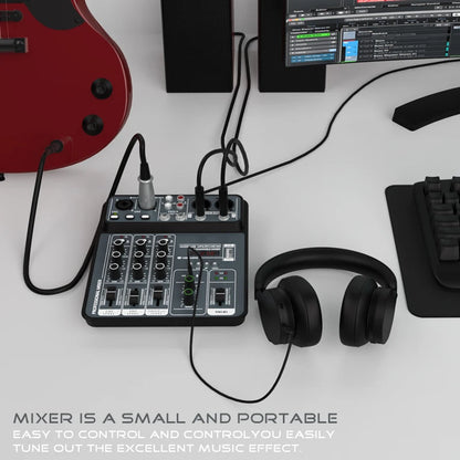 4-Channel Audio Mixer - USB Studio Sound Mixing Console with Bluetooth, 48V Phantom Power & DJ Karaoke Support