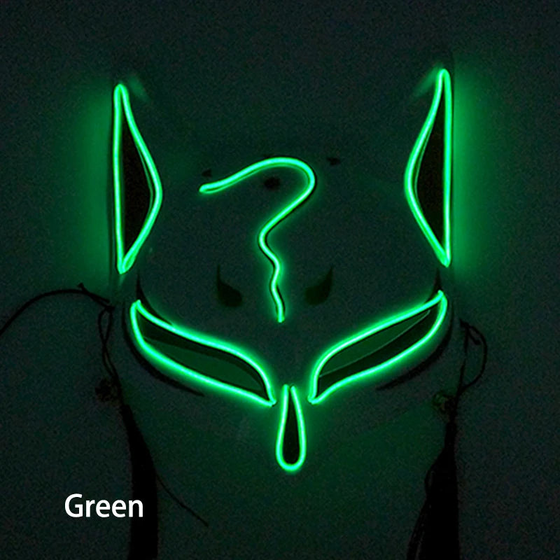 Glowing LED Fox Mask – Neon Japanese Anime-Inspired Samurai Cosplay Mask for Halloween, Christmas & Costume Parties