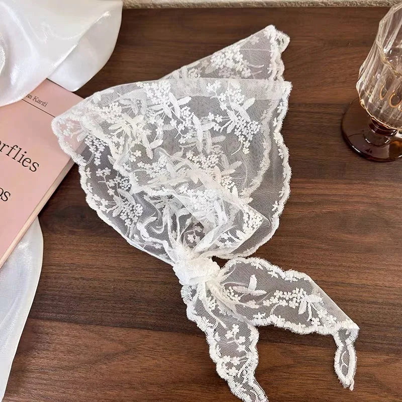 White Woven Floral Lace Hair Scarf Wrap – Retro Triangle Headscarf, Travel & Photo Hat, Hair Accessories for Women