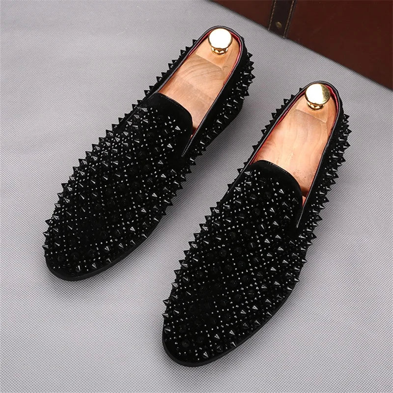 Men’s Luxury Rhinestone Loafers - Rivet Patchwork Casual Wedding, Prom and Formal Dress Shoes