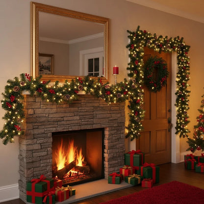 Christmas Garland Wreath with Pinecones & Red Berries – Artificial LED Rattan Decor for Tree, Stairs & Door