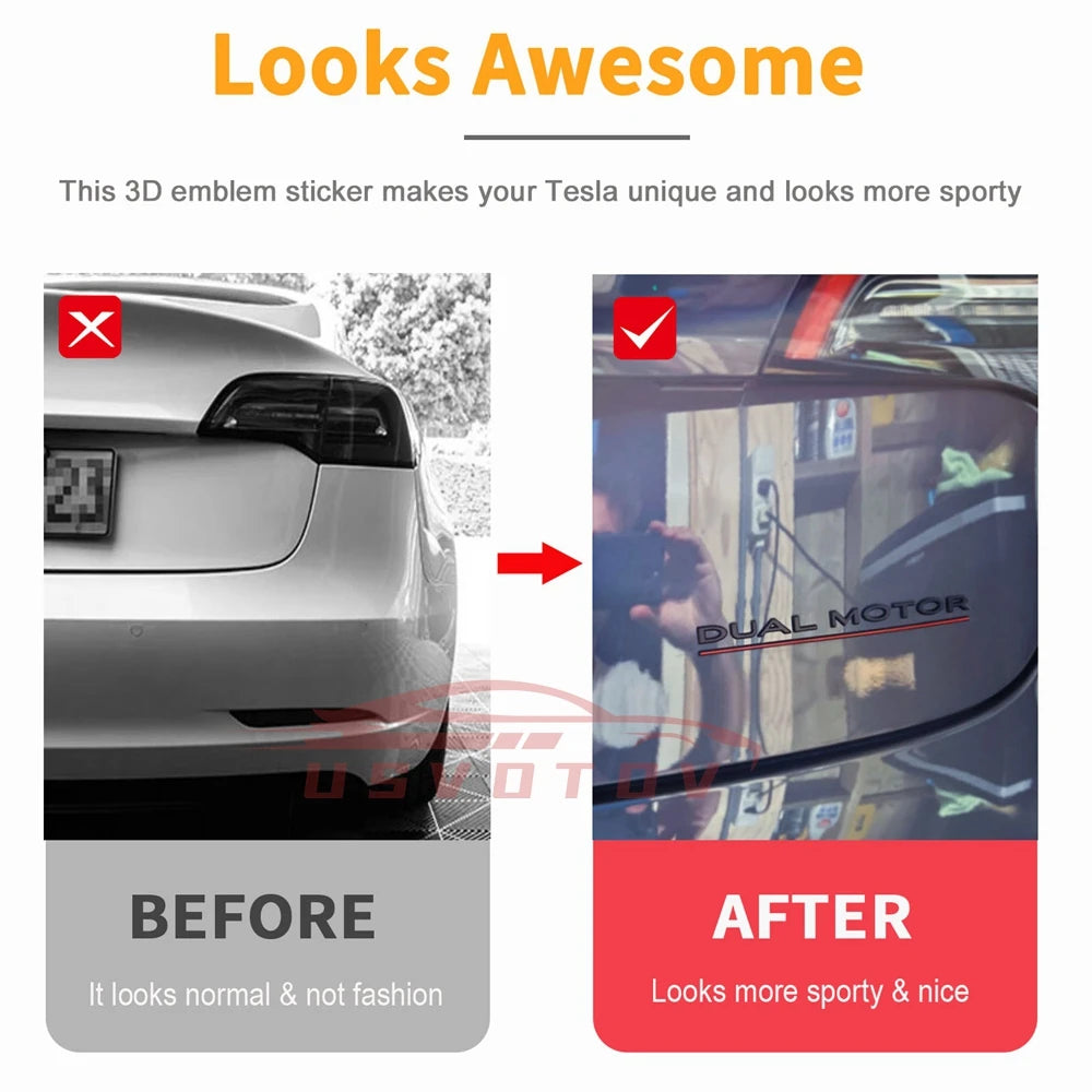 DUAL MOTOR Emblem for Tesla Model 3/Y/X/S — Chrome & Black/Red Trunk Badge Sticker, Car Styling