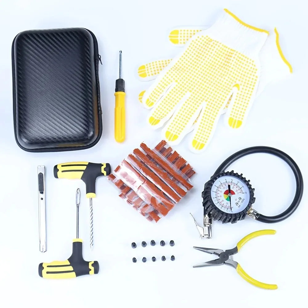 Motorcycle and Car Tire Repair Kit – Puncture Plug Tools, Tire Strips, and Emergency Flat Tire Repair Accessories