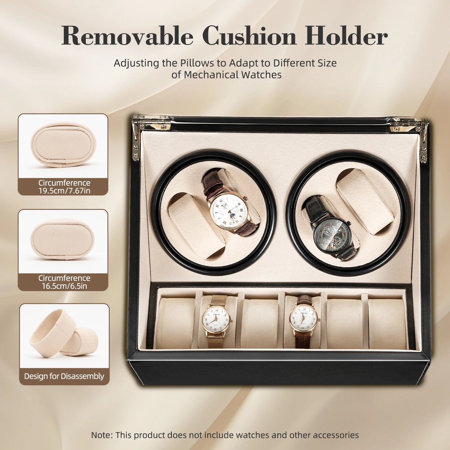 4+6 Slot Automatic Watch Winder – Leather & Wood Luxury Display Case with Pillow, Black/Brown
