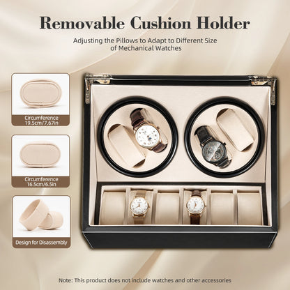 4+6 Slot Automatic Watch Winder – Leather & Wood Luxury Display Case with Pillow, Black/Brown