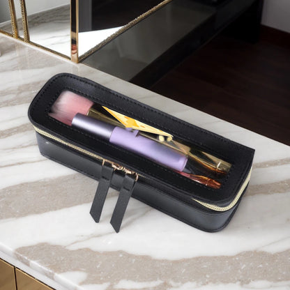 Women’s PU Transparent Makeup Brush Bag – Dual Zipper Travel Cosmetic Brush Holder Case
