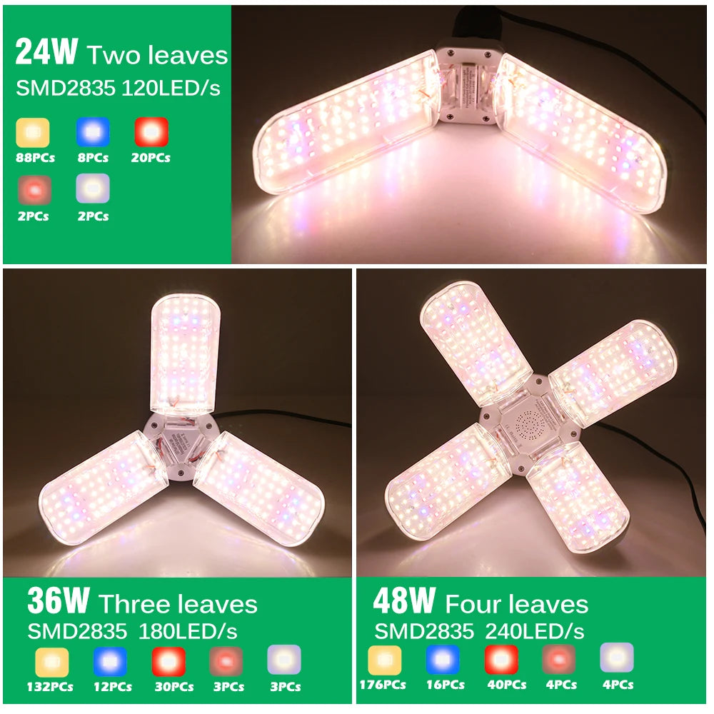 Foldable LED Grow Light E27 Full Spectrum 24W/36W/48W – Plant Growing Phytolamp for Indoor Flowers & Seedlings Growth Lamp