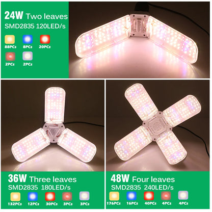 Foldable LED Grow Light E27 Full Spectrum 24W/36W/48W – Plant Growing Phytolamp for Indoor Flowers & Seedlings Growth Lamp