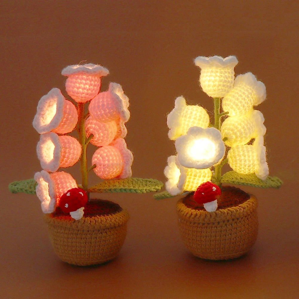 Handmade Crochet Bell Orchid in Pot – Knitted Artificial Flower with Light for Desktop & Easter 2025 Decor