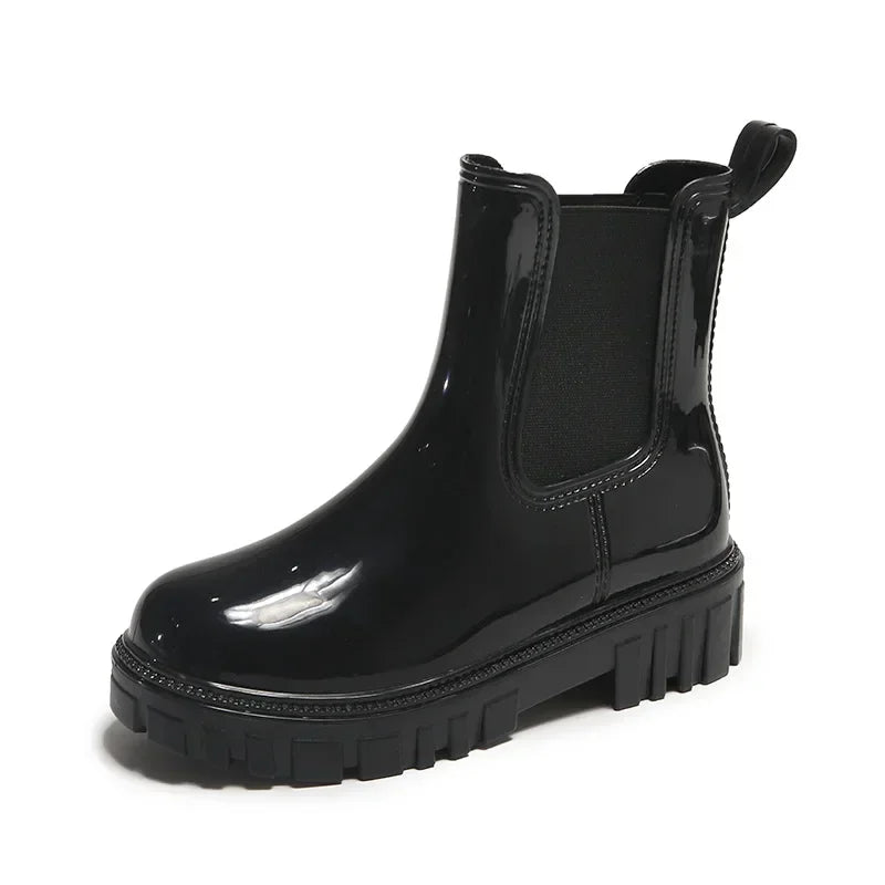 Women’s Shiny Color Fashion Rain Boots – Four-Season Waterproof Mid-Tube Ankle Outdoor Shoes