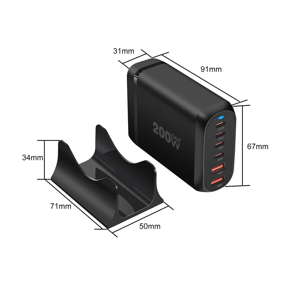 UHOMEBUY 200W GaN Desktop Charger - 6-Port USB Type C with 100W PD & Quick Charge 3.0 Fast Mobile Charger
