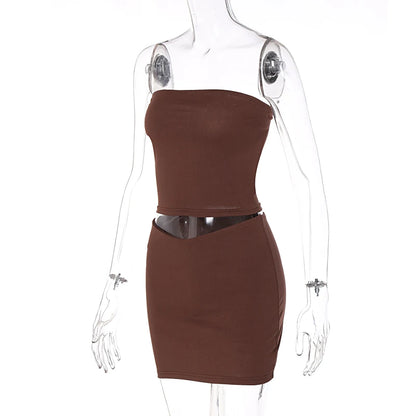 Hugcitar Solid Sleeveless Folds Tube Crop Top & Skirt Set – 2 Piece Summer Fashion Streetwear, Beach Clothing