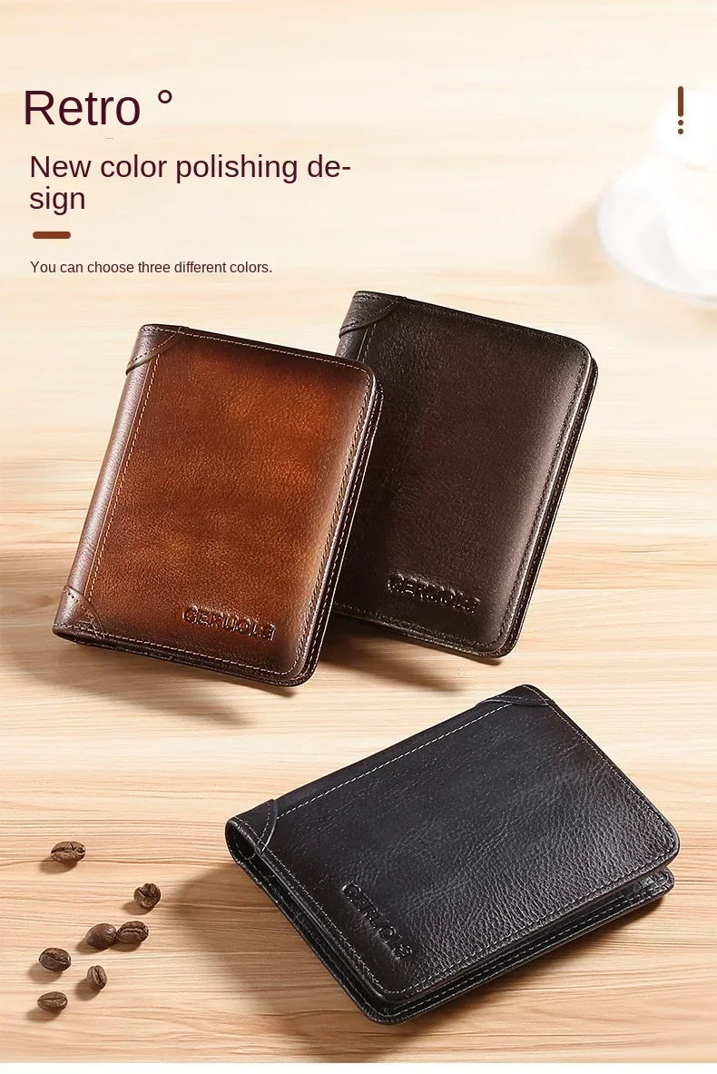 Genuine Leather Men’s Wallet – RFID Blocking Trifold, Vintage Thin ID & Credit Card Holder, Multi-Function Purse