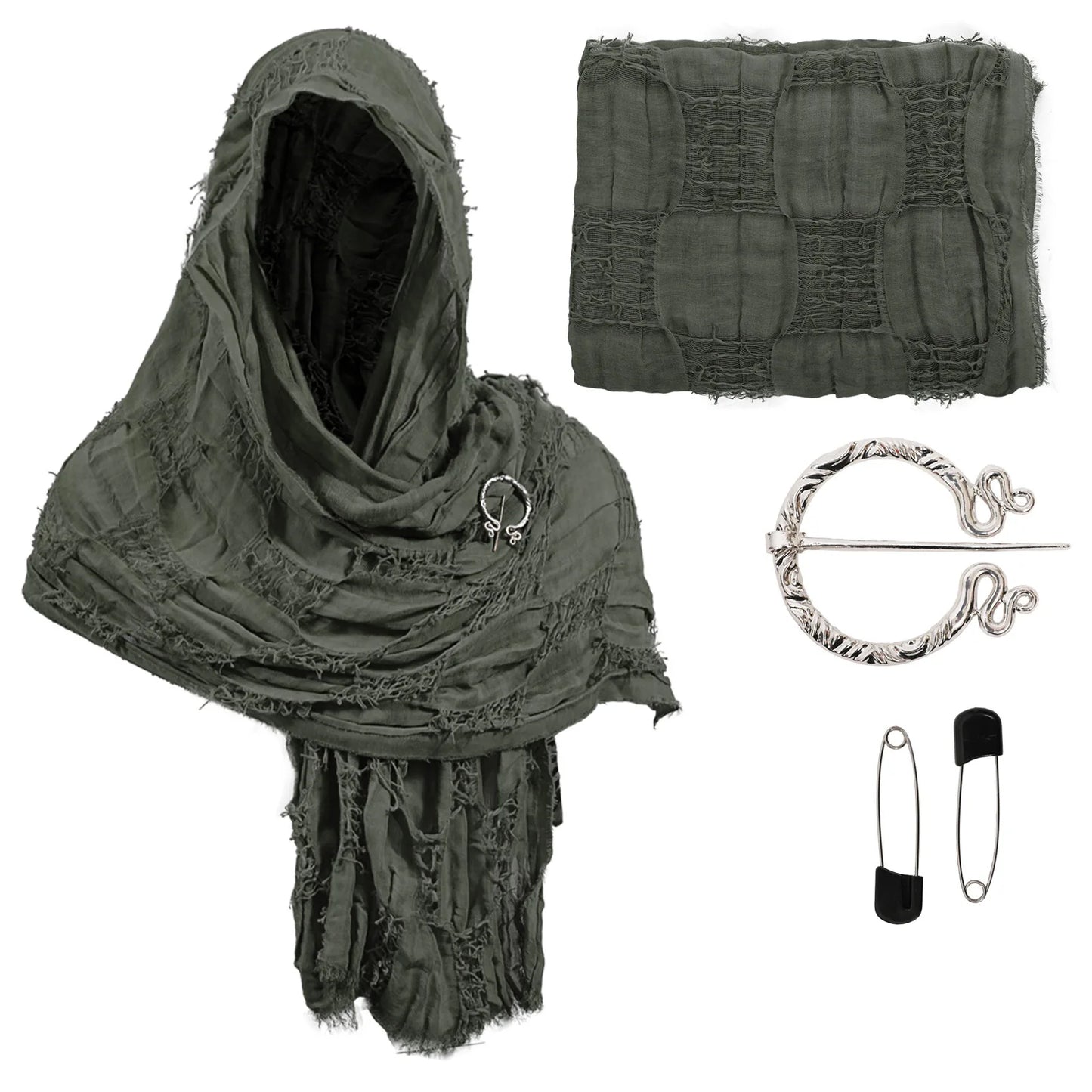 Medieval Pirate Hood Scarf – Retro Black, Brown & Green Cloak Wrap for Renaissance, Halloween & Masquerade Costume