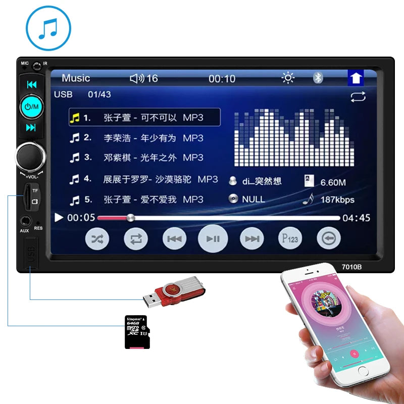 7 Inch 2 Din Car Stereo - Universal Touchscreen Multimedia MP5 Player with USB, TF Card & Bluetooth