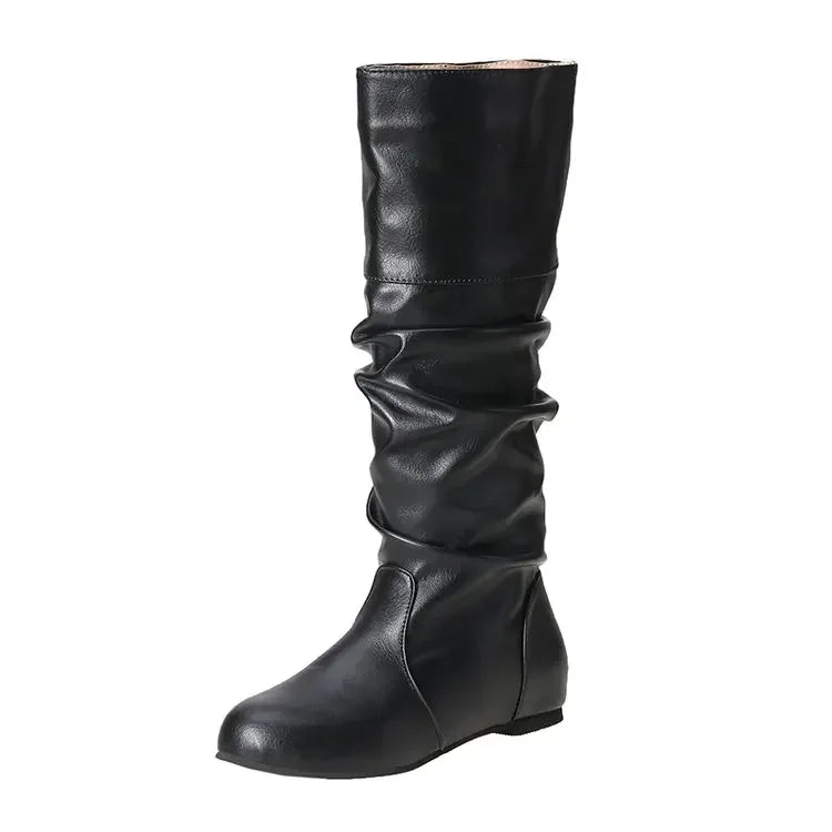 Women’s Mid-Calf Cowboy Boots – Flat Western Style Faux Leather Spring Autumn Shoes 35–43