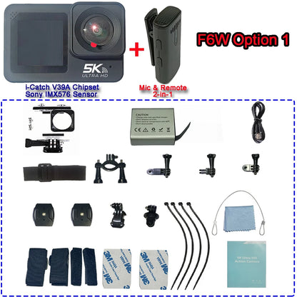 F6W Action Camera — 5K/4K60FPS, 48MP, 2.2" Touch LCD, EIS, Dual Screen, Wi-Fi, 170° Waterproof 30M, 8X Zoom Sports Camera with Wireless Mic