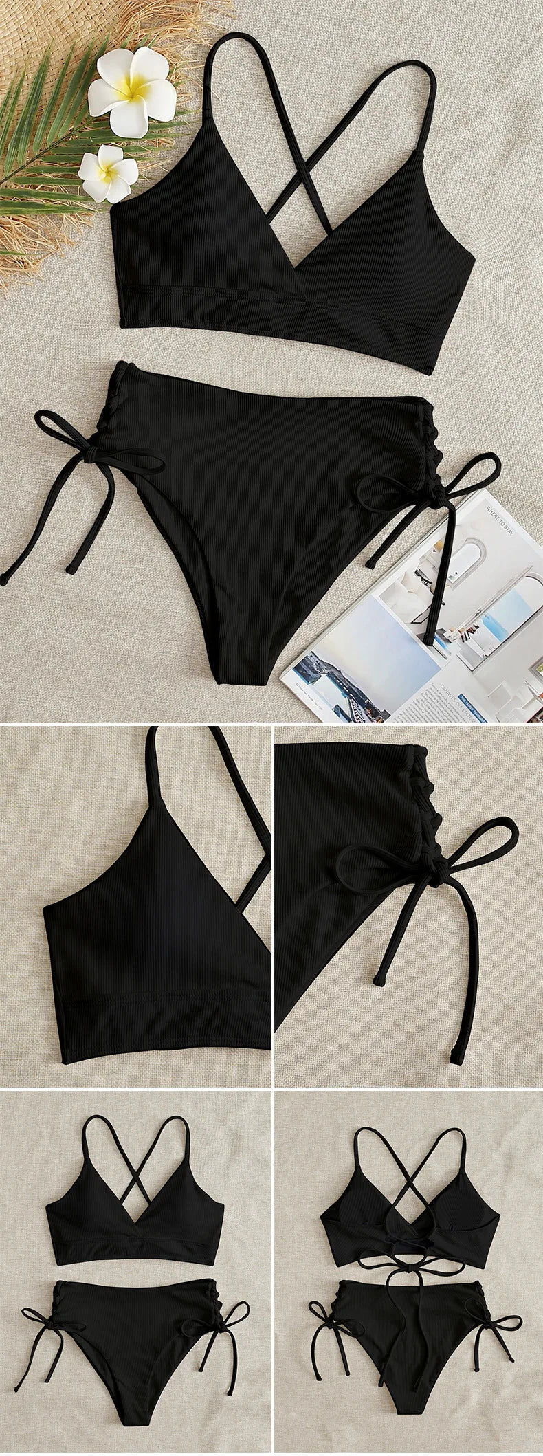 Cikini V-Neck Split Bikini Set – Sexy Lace-Up Triangular Solid Color Swimwear for Women