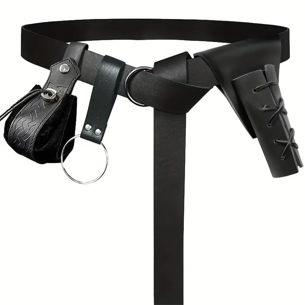 Halloween Medieval Cosplay Belt Set – Leather Waist Bag with Copper Coin & Sword Sheath for Brave Knight Role-Playing Accessories