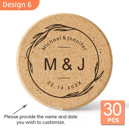 30-Piece Personalized Cork Coaster Set - Custom Tie Design Wedding Favors, Bridal Shower Gifts and Corporate Party Keepsakes