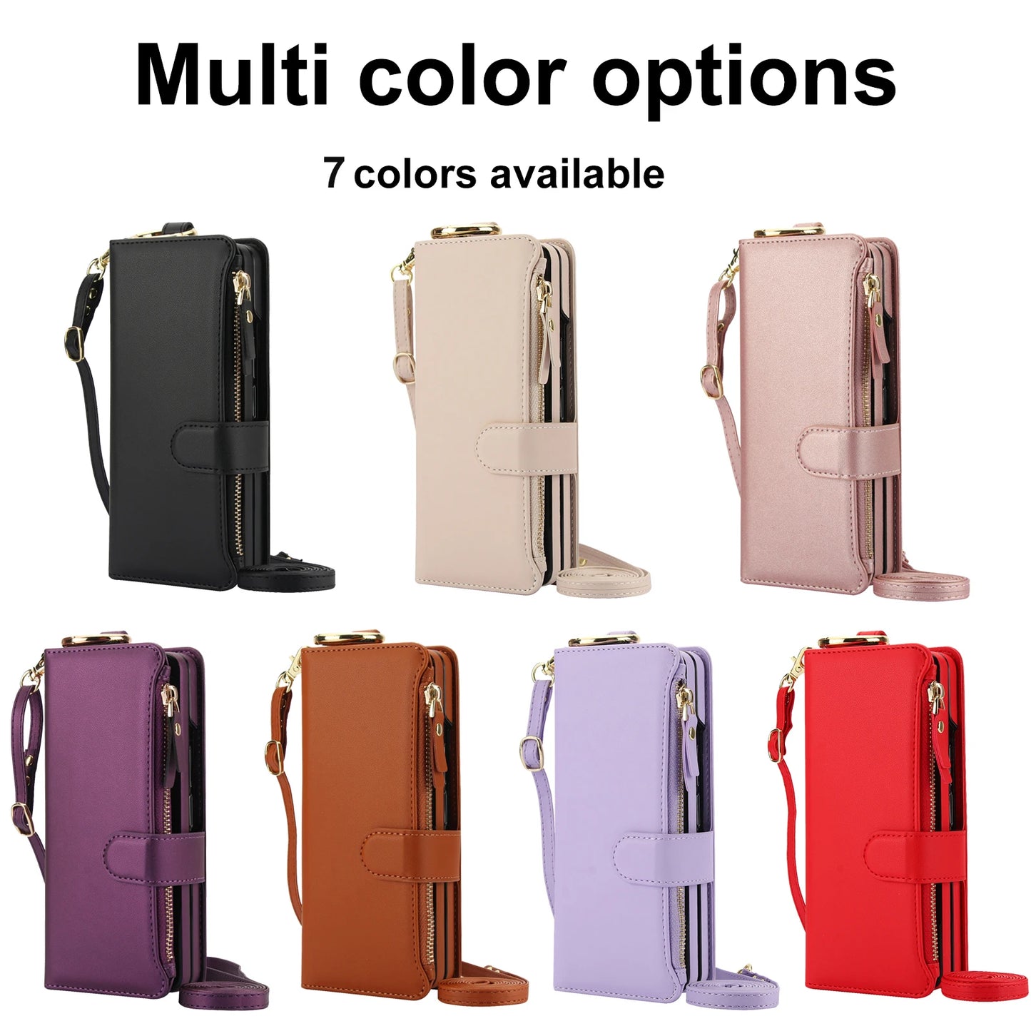Crossbody Leather Wallet Case with Card Slots, Zipper & Kickstand for Samsung Galaxy Z Fold 3/4/5/6 – Wristband & Ring Holder