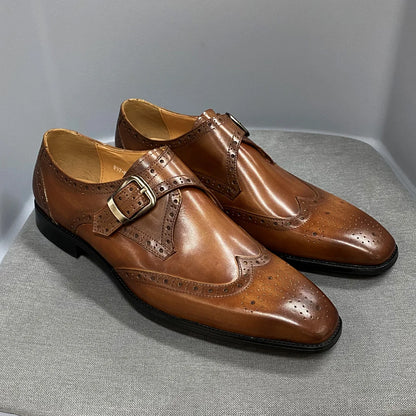 Men’s Luxury Genuine Leather Wingtip Oxfords - Italian Monk Strap Buckle Brogue Shoes for Business & Wedding Formal Wear