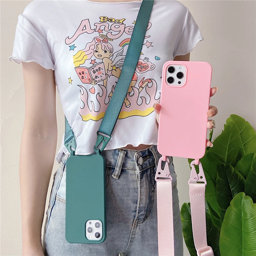 Crossbody Lanyard Silicone Soft Case for iPhone – Shockproof Necklace Strap Cover for iPhone 7–15 Pro Max, XR, XS, X, 11–14