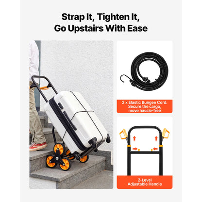 Stair Climbing Cart - Folding 6-Wheel Grocery Trolley with Telescoping Handle & Bungee Cords