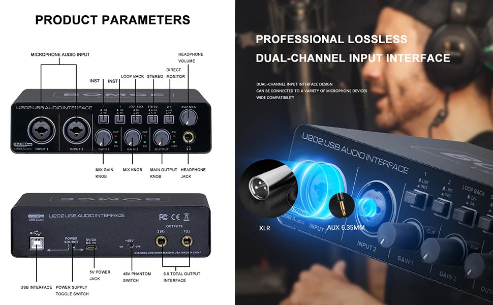 BOMGE U202 USB Audio Interface – Mic Preamplifier with XLR/TS/TRS Ports, 48V Phantom Power, 32-Bit/192kHz for Computer Recording & Streaming