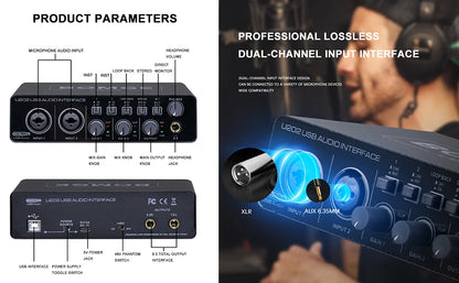 BOMGE U202 USB Audio Interface – Mic Preamplifier with XLR/TS/TRS Ports, 48V Phantom Power, 32-Bit/192kHz for Computer Recording & Streaming