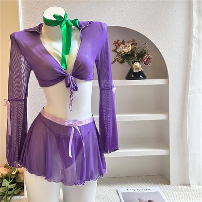 Women's Halloween Daphne 4-Piece Costume Set - Sheer Mesh Tie-Front Crop Top Flare Sleeve Skirt Scarf & Briefs