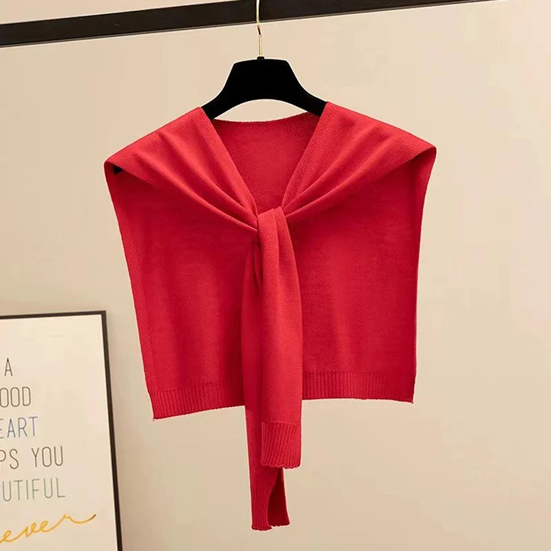 Striped Knitted Shawl Scarf – Warm Winter Cape with Fake Collar for Women