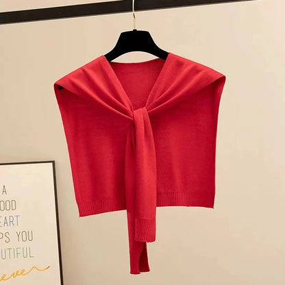 Striped Knitted Shawl Scarf – Warm Winter Cape with Fake Collar for Women