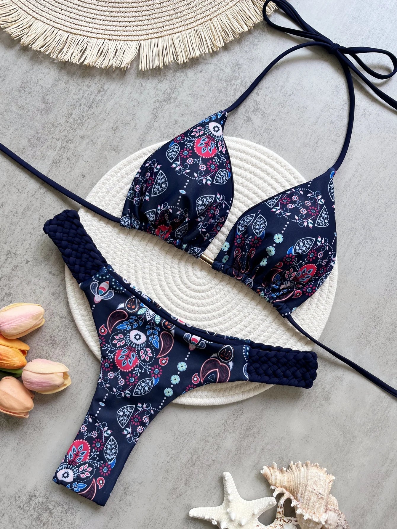 RUOTONSEPT Women’s Print Halter Bikini Set - High Cut Mini Thong Two-Piece Swimsuit Beach Swimwear