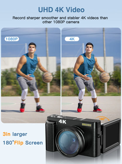 4K Digital Camera – 48MP Compact Vlogging Camera with 180° Flip Screen, Autofocus & Anti-Shake