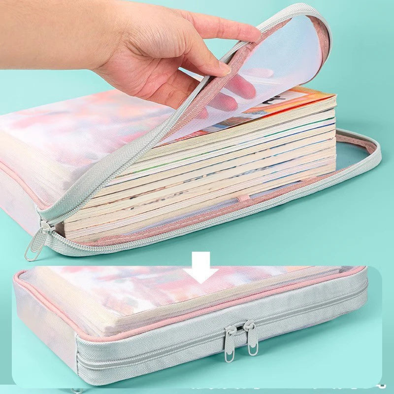 A4 Double Layer Mesh Zipper Storage Bag – Large Capacity Stationery Organizer Folder for School and Office Supplies