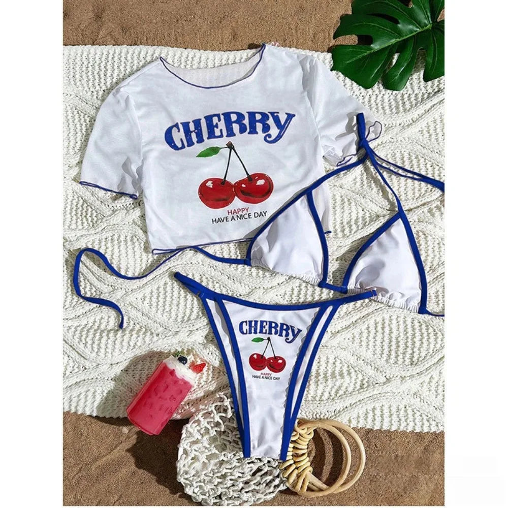 2026 Women’s Printed Mesh Bikini Set – Sexy 3-Piece Split Swimsuit Top Beachwear Swimwear