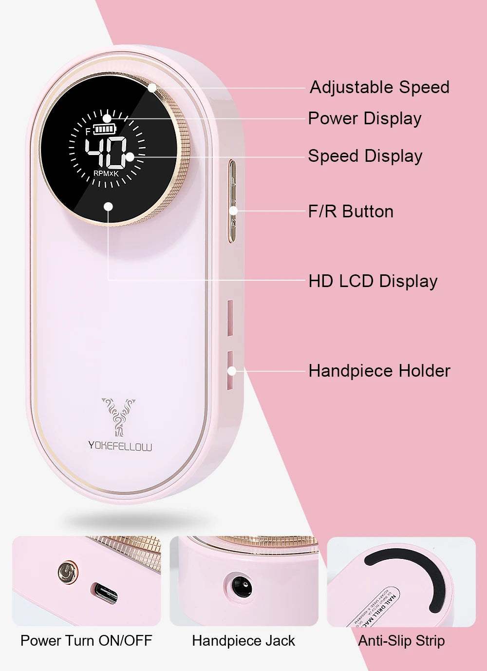 YOKEFELLOW Professional Nail Drill – 40000RPM Rechargeable Electric Nail E-File, Cordless for Acrylic & Gel Nails